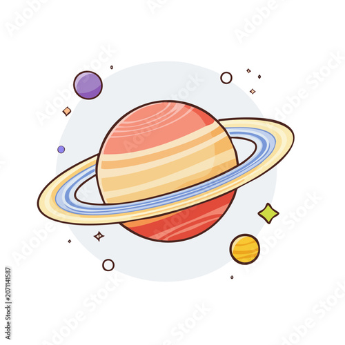 Stylized planet with rings and moons in flat design