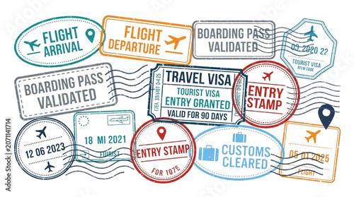 Tableau sur toile Travel passport stamps collection with boarding pass validation and immigration