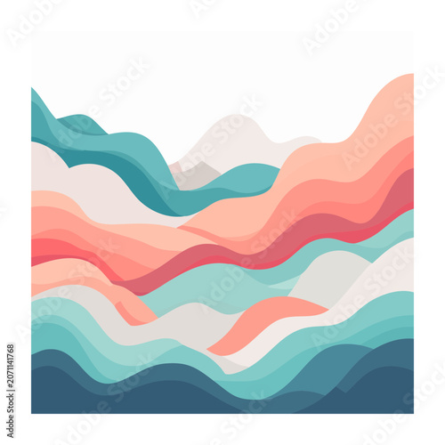 Abstract landscape with flowing waves and hills in pastel colors