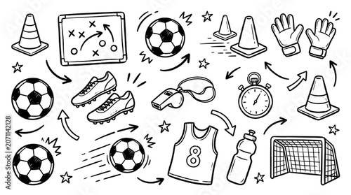 Hand Drawn Soccer Training Equipment Collection Featuring Balls Cones Goal Jerseys and Whistles for Sports Coaching Graphics