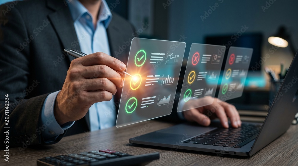 Fototapeta premium Futuristic holographic cybersecurity shield protecting digital data - encryption, blockchain, network security and privacy protection technology concept