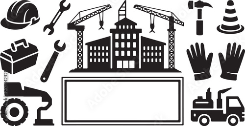 Construction icons, building symbols, industrial signs, black vector set