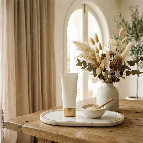 Natural skincare products on wooden table with dried flowers