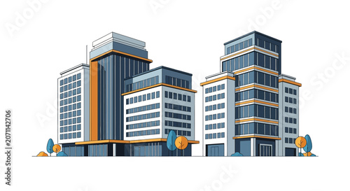 Obraz na płótnie Buildings featuring modern glass facades stand together in a clean architectural composition