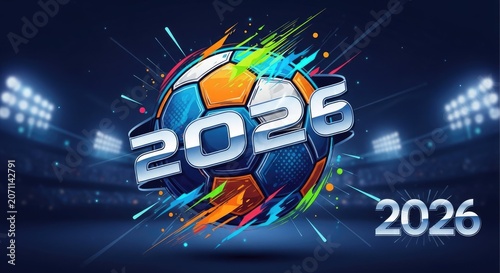 Futuristic soccer ball design with 2026 glowing text