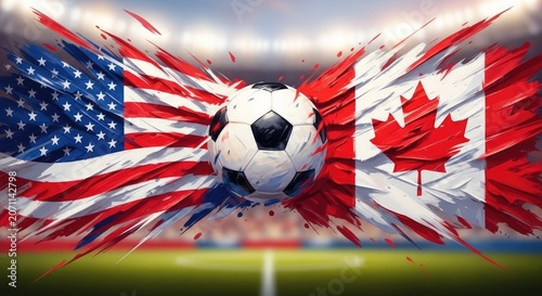 Soccer ball between waving american and canadian flags