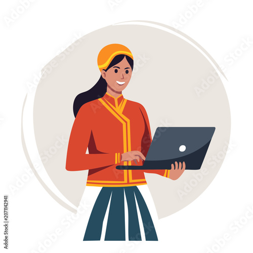 Smiling woman using laptop in flat vector style