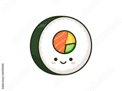 A cute cartoon sushi roll with smiling face and colorful filling on white background
