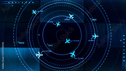 Tableau sur toile Digital Blue Air Traffic Control Radar Screen with Flight Tracking