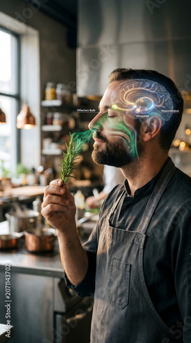 A bearded chef in a commercial kitchen smelling a sprig of fresh rosemary with a detailed anatomical overlay showing the brain's olfactory system.