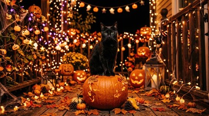 Halloween pumpkins and flowers with fairy lights decoration