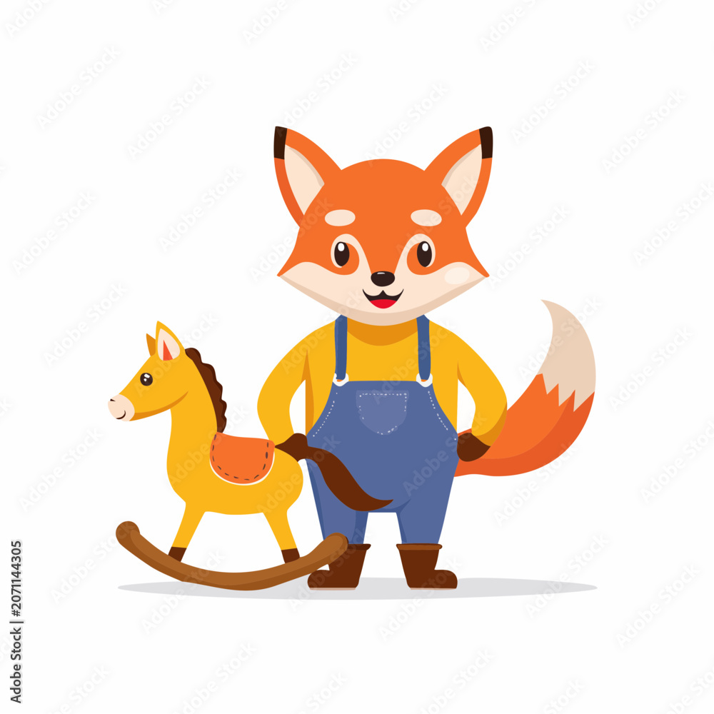 Obraz premium Cute Fox Character with Rocking Horse Toy