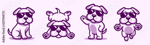 Cute Cartoon Dog Mascot Logo Set wearing Sunglasses, Cool Puppy Character Poses Vector for Pet Brand