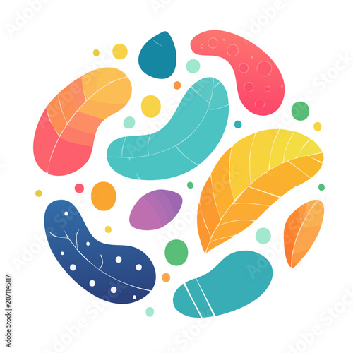 Abstract colorful organic shapes and dots on white background