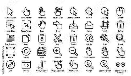 Schilderij op canvas Modern Cursor and Mouse Action Line Icons Pack Editable Stroke User Interaction