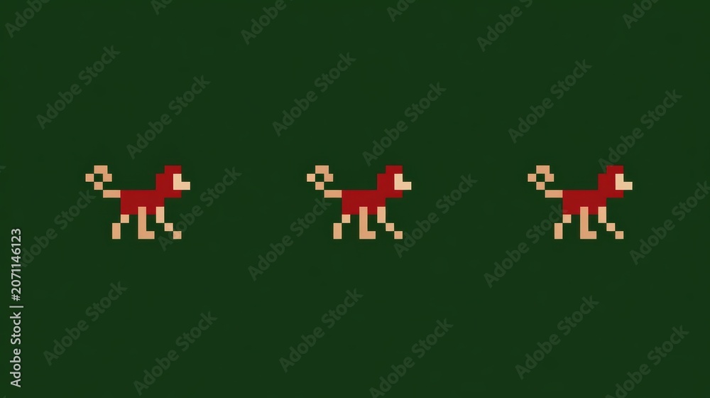 Fototapeta premium Three red pixel art monkeys walking in a row on a dark green background digital illustration minimalist retro style design