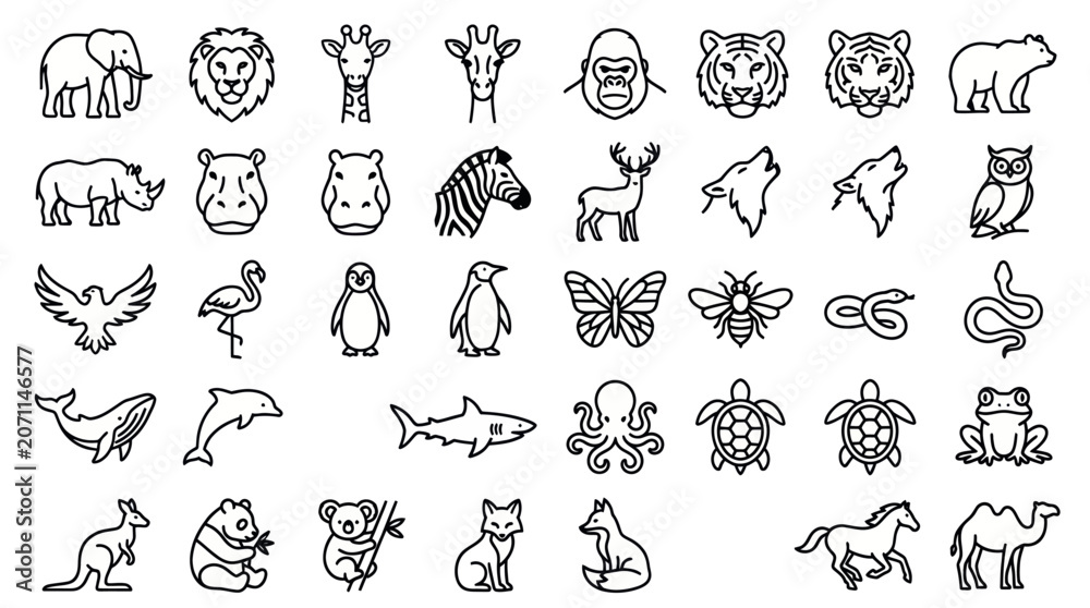 Fototapeta premium Wildlife and exotic animal line art icon collection.