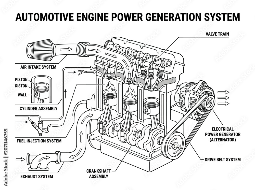 Obraz premium Automotive Engine Power Generation System Schematic