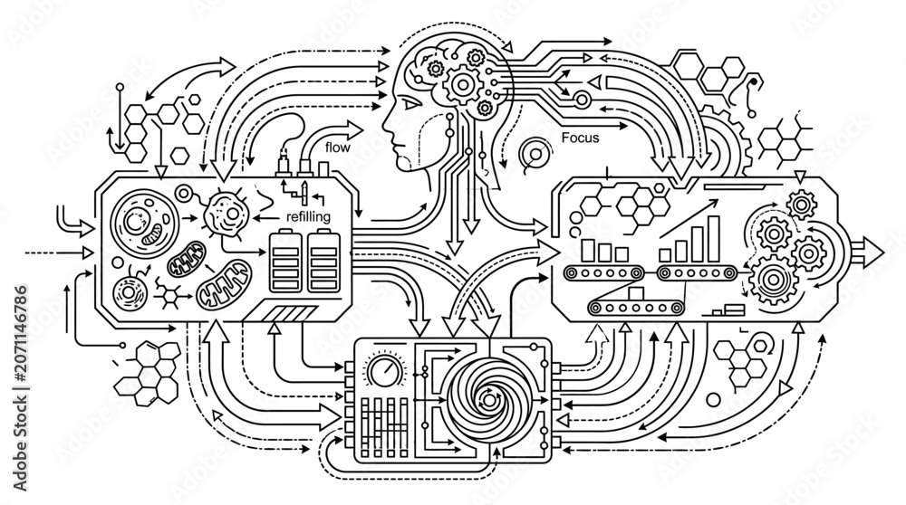 Obraz premium Bio-mechanical illustration of human head with integrated circuits.