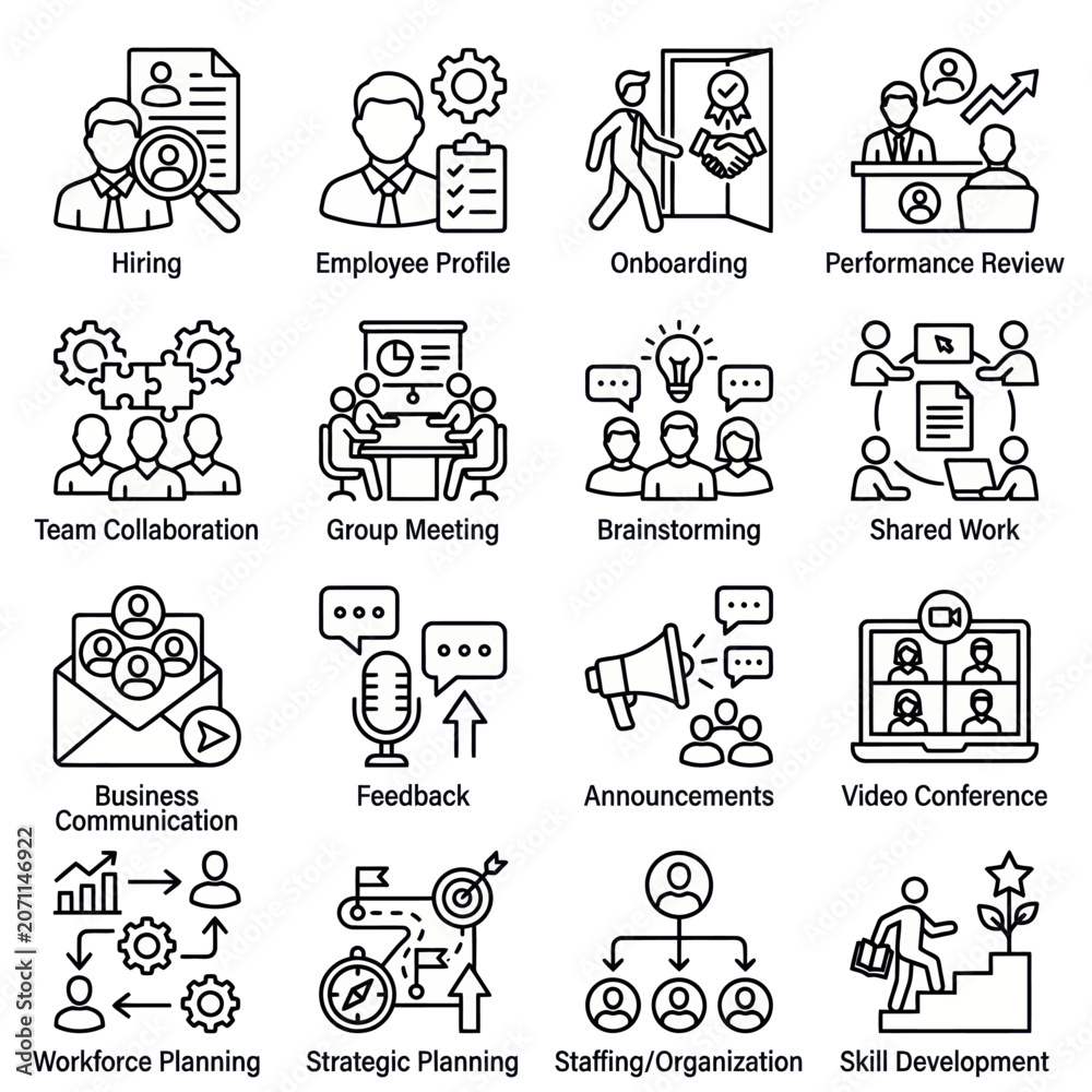 Fototapeta premium Workplace communication and business collaboration line icons.