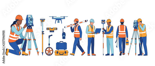 Geodetic surveying vector set. Cartoon surveyors operating total station, drone, laser level, measuring wheel, isolated transparent background elements.