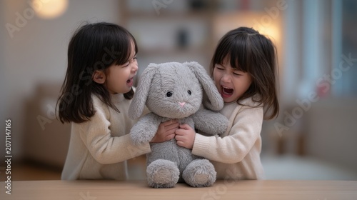 Two young girls fighting over a stuffed bunny toy, both yelling loudly.