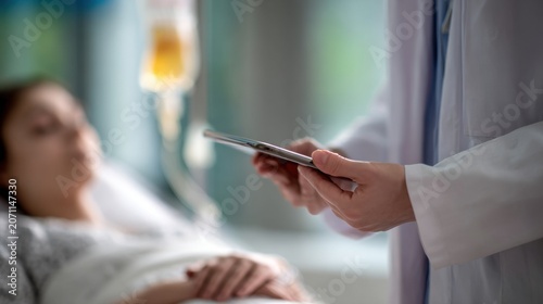 Doctor using digital tablet to check patient records in hospital room
