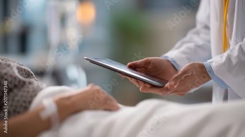 Doctor discusses patient's health data on a tablet while the patient rests in a hospital room.