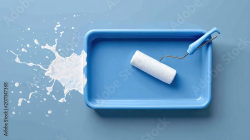 White Paint Splash with Roller in Blue Tray on Blue Background