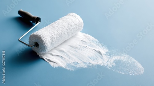 White paint roller creating a stroke of white paint on a blue surface