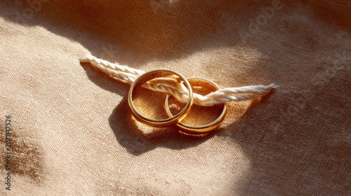 Golden wedding rings intertwined with white rope on textured fabric