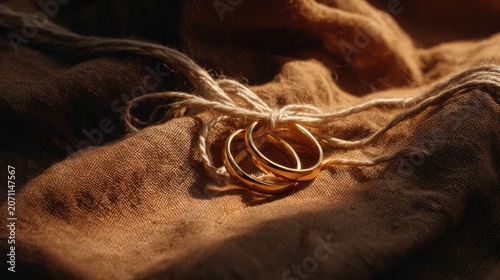 Two Gold Wedding Rings Tied with Twine on Rustic Brown Fabric Background