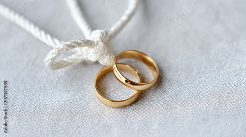 Two Gold Wedding Rings Tied with White Rope on Fabric Background