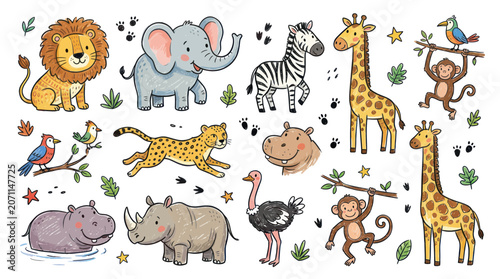 Photography Cute Cartoon Safari Animals Collection: Lion, Elephant, Giraffe, Zebra, Monkey,