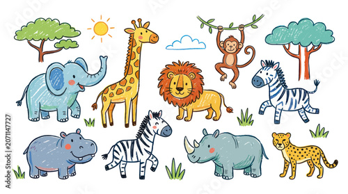 Canvas Print Cute Safari Animals Cartoon Collection - Hand Drawn Vector Illustration