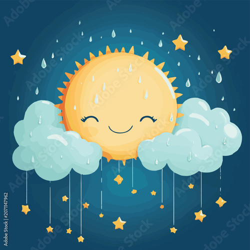A cheerful sun with clouds and raindrops, evoking a whimsical and playful atmosphere. Perfect for illustration needs.