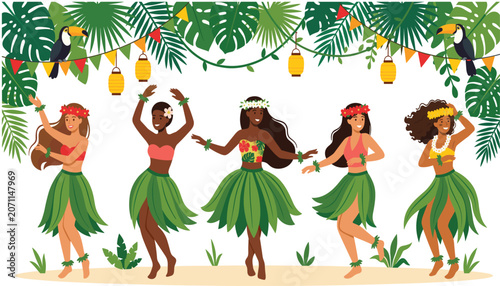 Hawaiian hula dancers vector. Cartoon women dancing in grass skirts, tropical monstera leaves, toucan birds, lanterns, isolated transparent background elements.