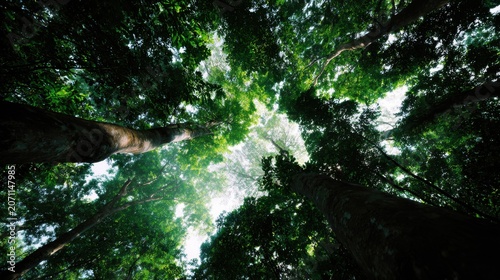 Looking up through a dense green forest canopy towards the bright sky