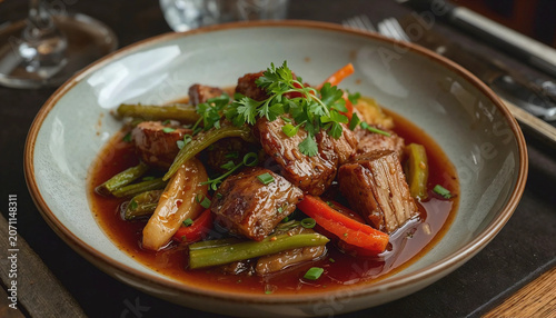 Braised pork belly in brown sauce with vegetables, modern chinese cuisine in fine dining restaurant