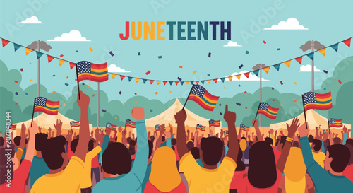 Juneteenth Freedom Day Celebration Illustration with Diverse People Waving Flags, Festive Bunting, and Confetti in a Park Setting