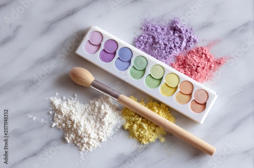 Flat lay of a pastel makeup palette, brush, and colorful loose powders