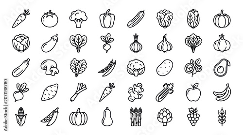 Photos Minimalist outline icons of assorted fruits and vegetables.