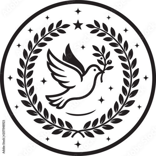 Black and white dove with laurel wreath and stars emblem