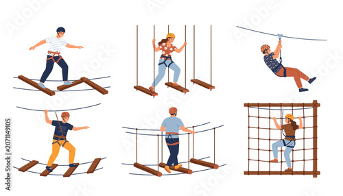 Rope park adventure set. Cartoon people climbing obstacle course, zip lining, balancing on bridges, wearing helmets, isolated on white background.
