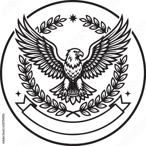 Foto Eagle emblem with laurel wreath and banner reading fortitude excellence strength