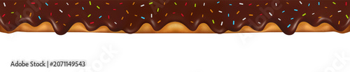 illustration seamless horizontal border dark chocolate dripping golden pastry edge topped colorful rainbow sprinkles, endless repeat patterns donut advertising designs