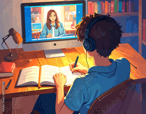 Pixel Art Style Student Studying Online via Video Call at Desk