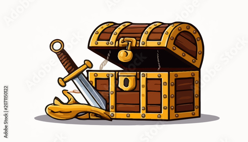 Pixel Art Illustration of a Wooden Treasure Chest with a Knight and Loot