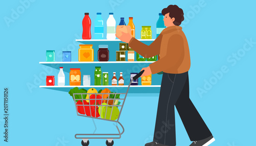 Flat Vector Illustration of a Person Shopping for Groceries in a Supermarket