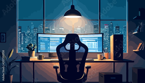Pixel Art Home Office Workspace with Gaming Chair and Computer Setup at Night